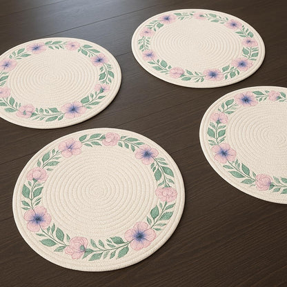 Home Dining Essentials Round Cotton Placemats, Floral Design Table Mats, 15 Inch Braided Woven, Heat-Resistant, Set of 4, White with Decorative Pattern for Casual Dining (Pink Flower, 15" Round)