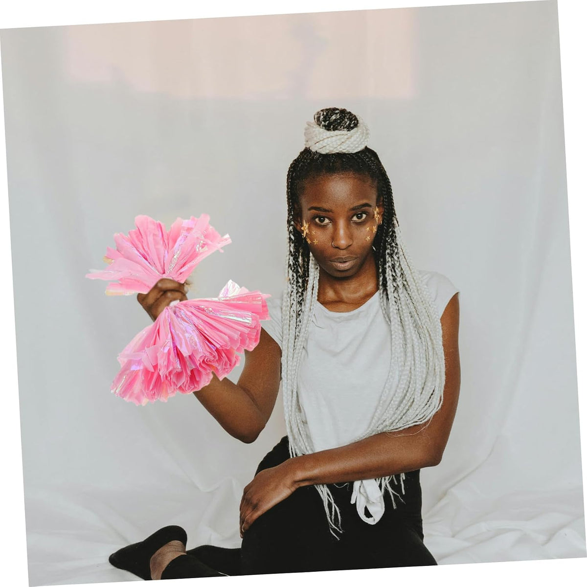 2pcs Cheerleader Pom Poms with Large Handle 6-inch Rainbow Matte Pink Sports Team Spirit Accessories for Dance Performances and Cheering