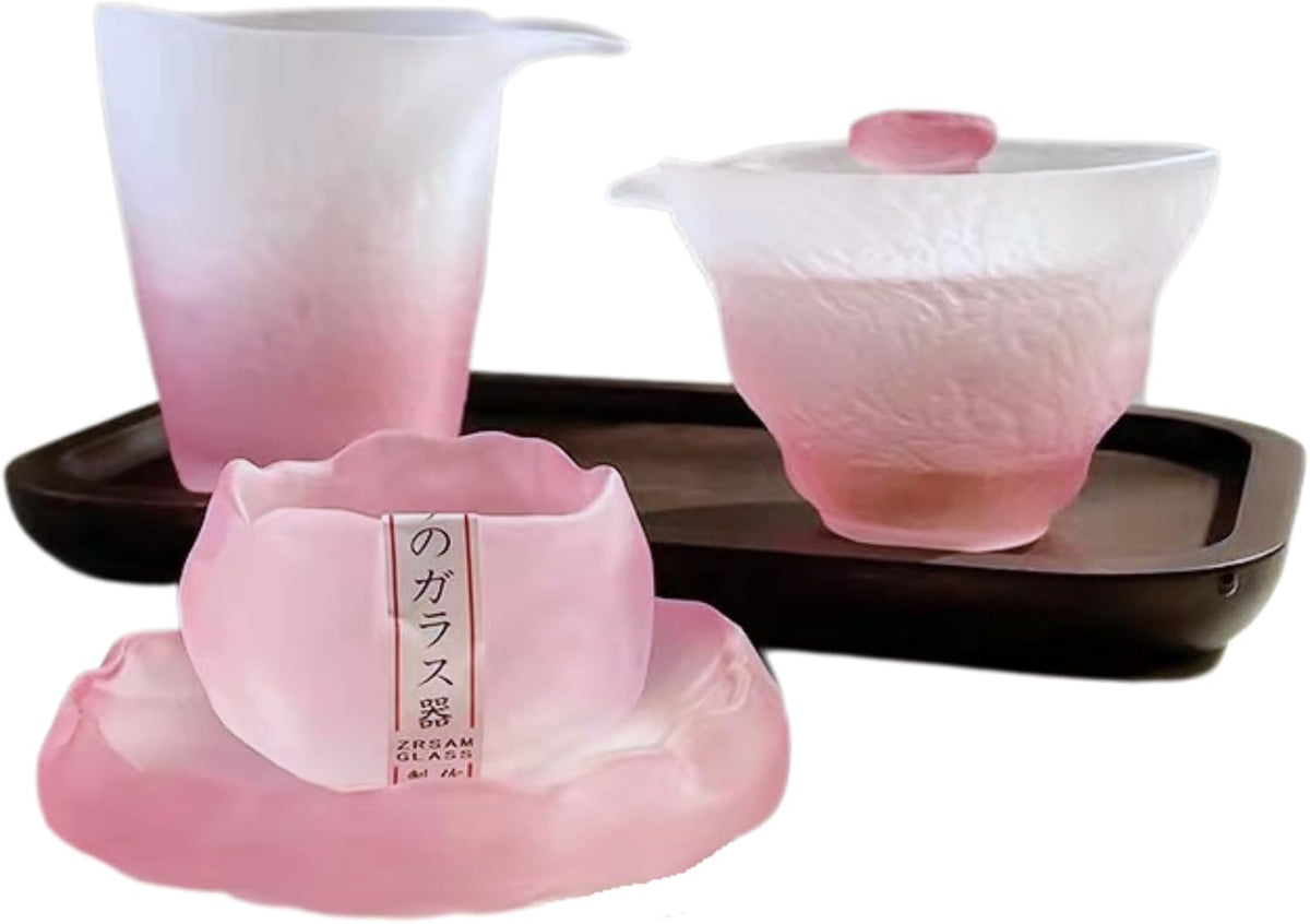 Gradient Pink Frosted Glass Tea Set – Includes Gaiwan, Gong Cup, Snow Cup, and Cup Mat – 4-Piece Heat-Resistant Gongfu Teaware for Home, Office, or Gift Use – Modern Chinese Style