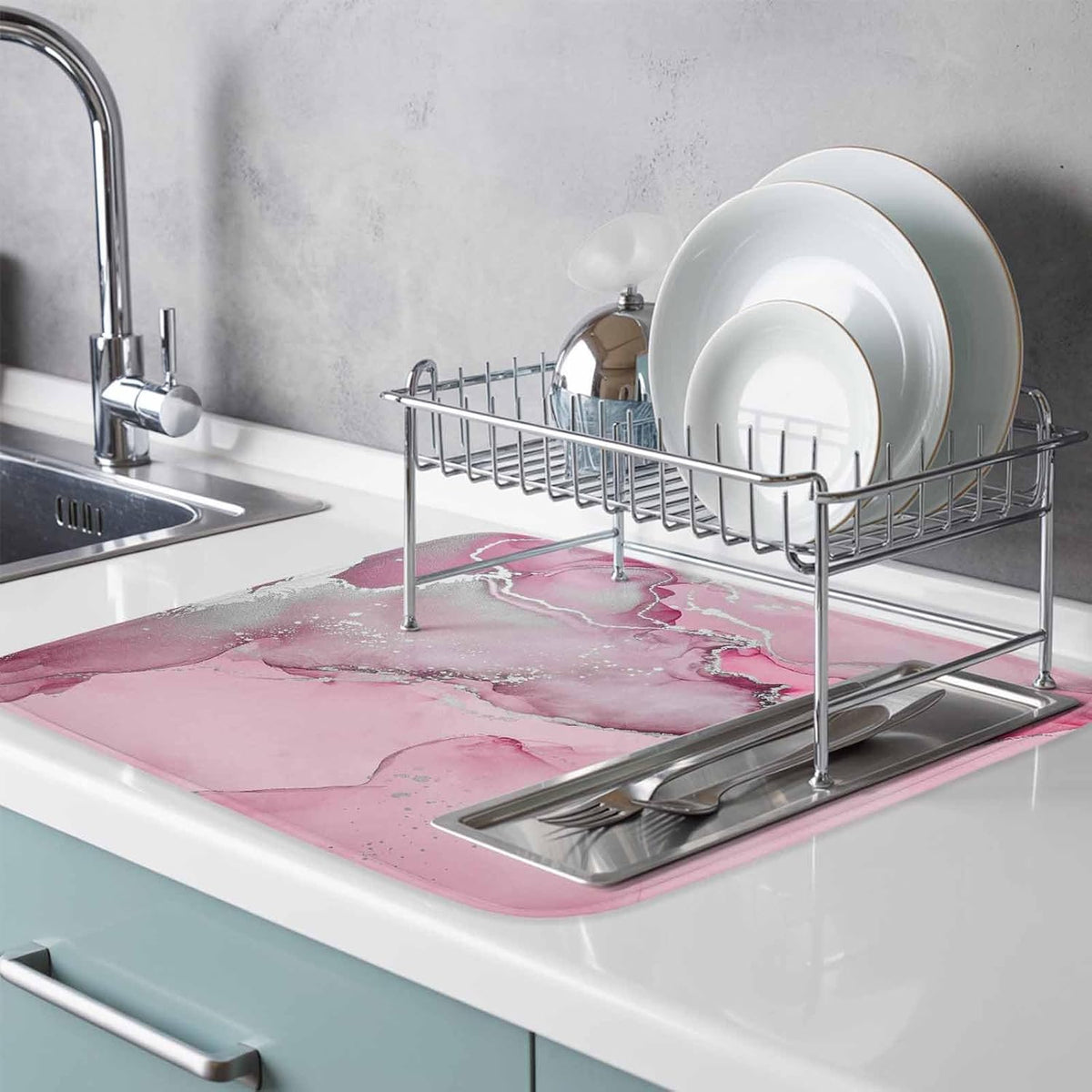 Dish Drying Mat Pink Marble Kitchen Counter Drying Pad for Dishes Glasses Cups and Cookware Abstract Waves Cloud Absorbent Dish Drying Mat Machine Washable Kitchen Accessories 16" x 18"