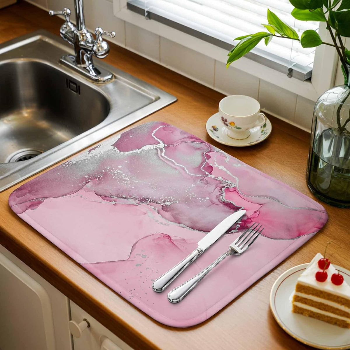Dish Drying Mat Pink Marble Kitchen Counter Drying Pad for Dishes Glasses Cups and Cookware Abstract Waves Cloud Absorbent Dish Drying Mat Machine Washable Kitchen Accessories 16" x 18"