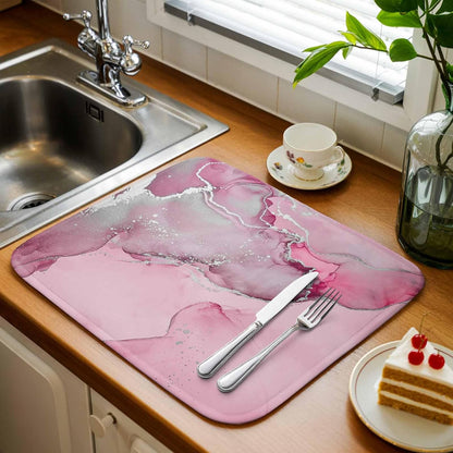 Dish Drying Mat Pink Marble Kitchen Counter Drying Pad for Dishes Glasses Cups and Cookware Abstract Waves Cloud Absorbent Dish Drying Mat Machine Washable Kitchen Accessories 16" x 18"