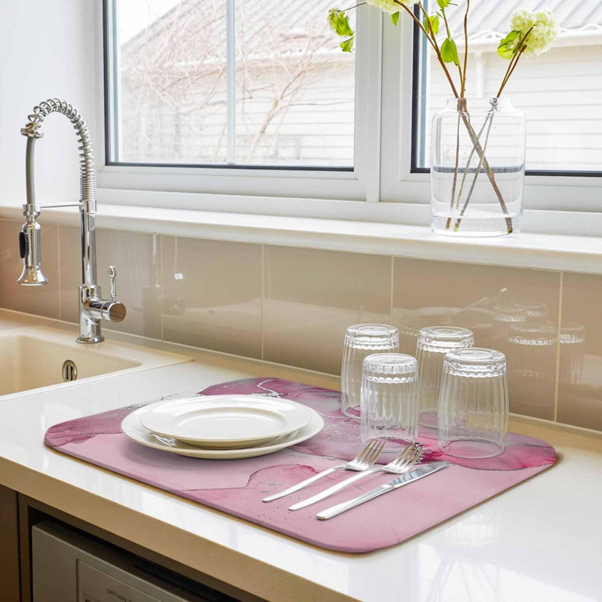 Dish Drying Mat Pink Marble Kitchen Counter Drying Pad for Dishes Glasses Cups and Cookware Abstract Waves Cloud Absorbent Dish Drying Mat Machine Washable Kitchen Accessories 16" x 18"