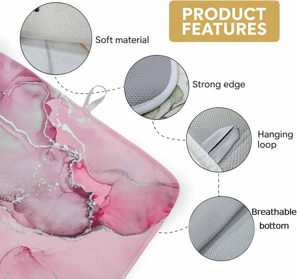 Dish Drying Mat Pink Marble Kitchen Counter Drying Pad for Dishes Glasses Cups and Cookware Abstract Waves Cloud Absorbent Dish Drying Mat Machine Washable Kitchen Accessories 16" x 18"
