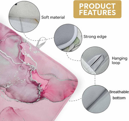 Dish Drying Mat Pink Marble Kitchen Counter Drying Pad for Dishes Glasses Cups and Cookware Abstract Waves Cloud Absorbent Dish Drying Mat Machine Washable Kitchen Accessories 16" x 18"