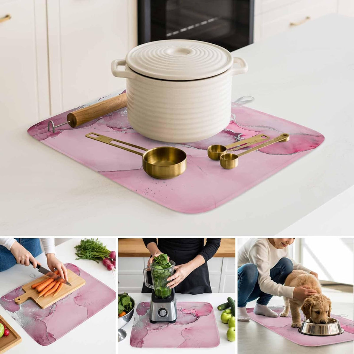 Dish Drying Mat Pink Marble Kitchen Counter Drying Pad for Dishes Glasses Cups and Cookware Abstract Waves Cloud Absorbent Dish Drying Mat Machine Washable Kitchen Accessories 16" x 18"