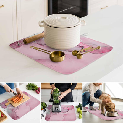 Dish Drying Mat Pink Marble Kitchen Counter Drying Pad for Dishes Glasses Cups and Cookware Abstract Waves Cloud Absorbent Dish Drying Mat Machine Washable Kitchen Accessories 16" x 18"