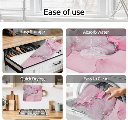 Dish Drying Mat Pink Marble Kitchen Counter Drying Pad for Dishes Glasses Cups and Cookware Abstract Waves Cloud Absorbent Dish Drying Mat Machine Washable Kitchen Accessories 16" x 18"