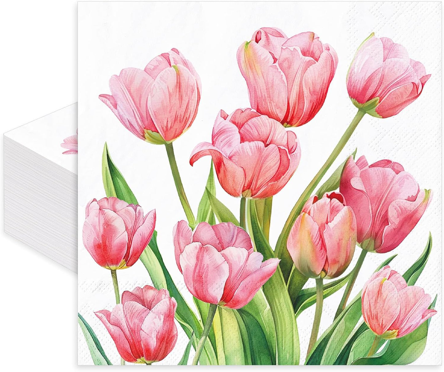 FYSUIMU 80Pcs Spring Pink Floral Paper Napkins Tulip Flower Disposable Napkins Watercolor Floral Luncheon Dinner Hand Napkin for Wedding Baby Shower Birthday Party Supplies, 6.5 x 6.5 Inch