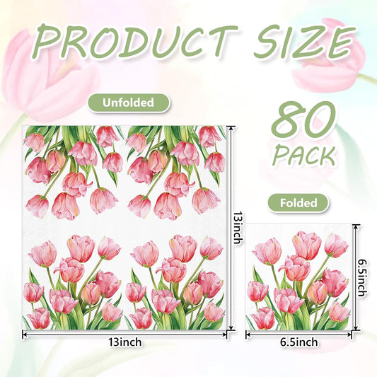 FYSUIMU 80Pcs Spring Pink Floral Paper Napkins Tulip Flower Disposable Napkins Watercolor Floral Luncheon Dinner Hand Napkin for Wedding Baby Shower Birthday Party Supplies, 6.5 x 6.5 Inch