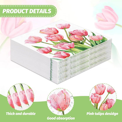 FYSUIMU 80Pcs Spring Pink Floral Paper Napkins Tulip Flower Disposable Napkins Watercolor Floral Luncheon Dinner Hand Napkin for Wedding Baby Shower Birthday Party Supplies, 6.5 x 6.5 Inch