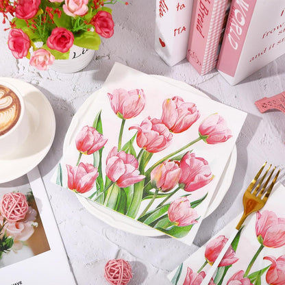 FYSUIMU 80Pcs Spring Pink Floral Paper Napkins Tulip Flower Disposable Napkins Watercolor Floral Luncheon Dinner Hand Napkin for Wedding Baby Shower Birthday Party Supplies, 6.5 x 6.5 Inch