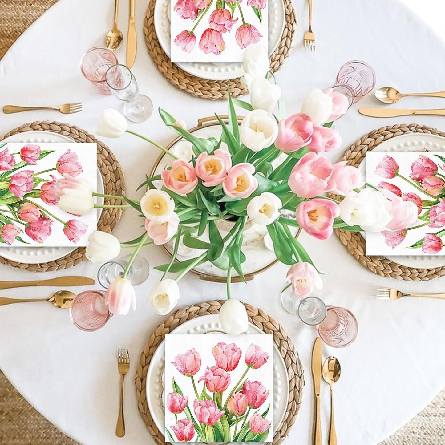 FYSUIMU 80Pcs Spring Pink Floral Paper Napkins Tulip Flower Disposable Napkins Watercolor Floral Luncheon Dinner Hand Napkin for Wedding Baby Shower Birthday Party Supplies, 6.5 x 6.5 Inch
