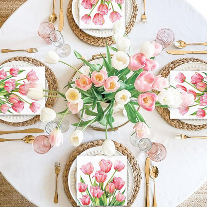 FYSUIMU 80Pcs Spring Pink Floral Paper Napkins Tulip Flower Disposable Napkins Watercolor Floral Luncheon Dinner Hand Napkin for Wedding Baby Shower Birthday Party Supplies, 6.5 x 6.5 Inch