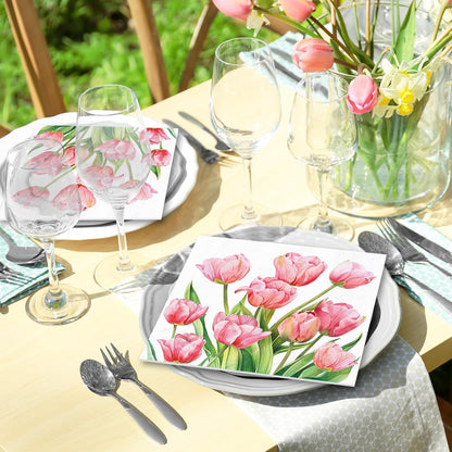 FYSUIMU 80Pcs Spring Pink Floral Paper Napkins Tulip Flower Disposable Napkins Watercolor Floral Luncheon Dinner Hand Napkin for Wedding Baby Shower Birthday Party Supplies, 6.5 x 6.5 Inch