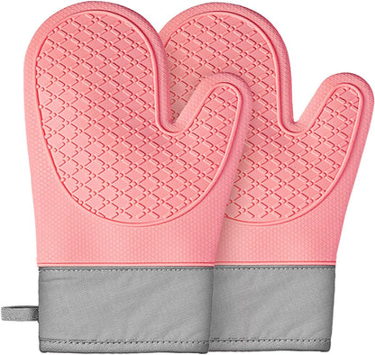 Silicone Oven Mitts (2 PCS), Waterproof Non Slip Grip Oven Gloves with Thick Soft Cotton Lining, Universal Fit Heat Resistant Kitchen Gloves for Baking, BBQ, Cooking and Grilling-Pink