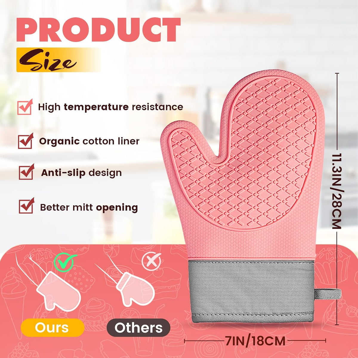 Silicone Oven Mitts (2 PCS), Waterproof Non Slip Grip Oven Gloves with Thick Soft Cotton Lining, Universal Fit Heat Resistant Kitchen Gloves for Baking, BBQ, Cooking and Grilling-Pink