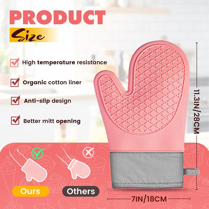 Silicone Oven Mitts (2 PCS), Waterproof Non Slip Grip Oven Gloves with Thick Soft Cotton Lining, Universal Fit Heat Resistant Kitchen Gloves for Baking, BBQ, Cooking and Grilling-Pink