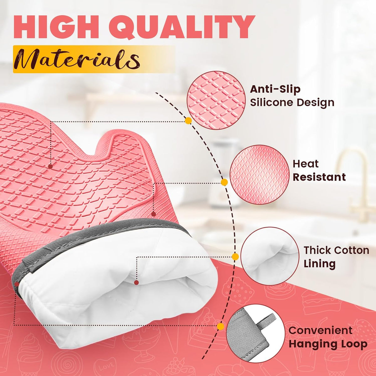 Silicone Oven Mitts (2 PCS), Waterproof Non Slip Grip Oven Gloves with Thick Soft Cotton Lining, Universal Fit Heat Resistant Kitchen Gloves for Baking, BBQ, Cooking and Grilling-Pink