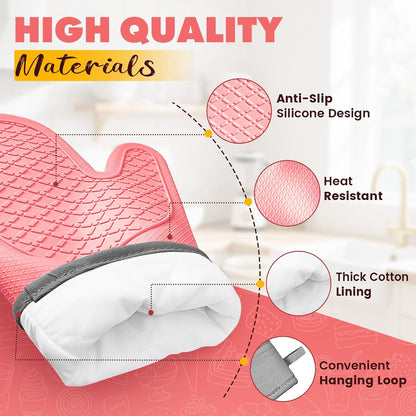 Silicone Oven Mitts (2 PCS), Waterproof Non Slip Grip Oven Gloves with Thick Soft Cotton Lining, Universal Fit Heat Resistant Kitchen Gloves for Baking, BBQ, Cooking and Grilling-Pink