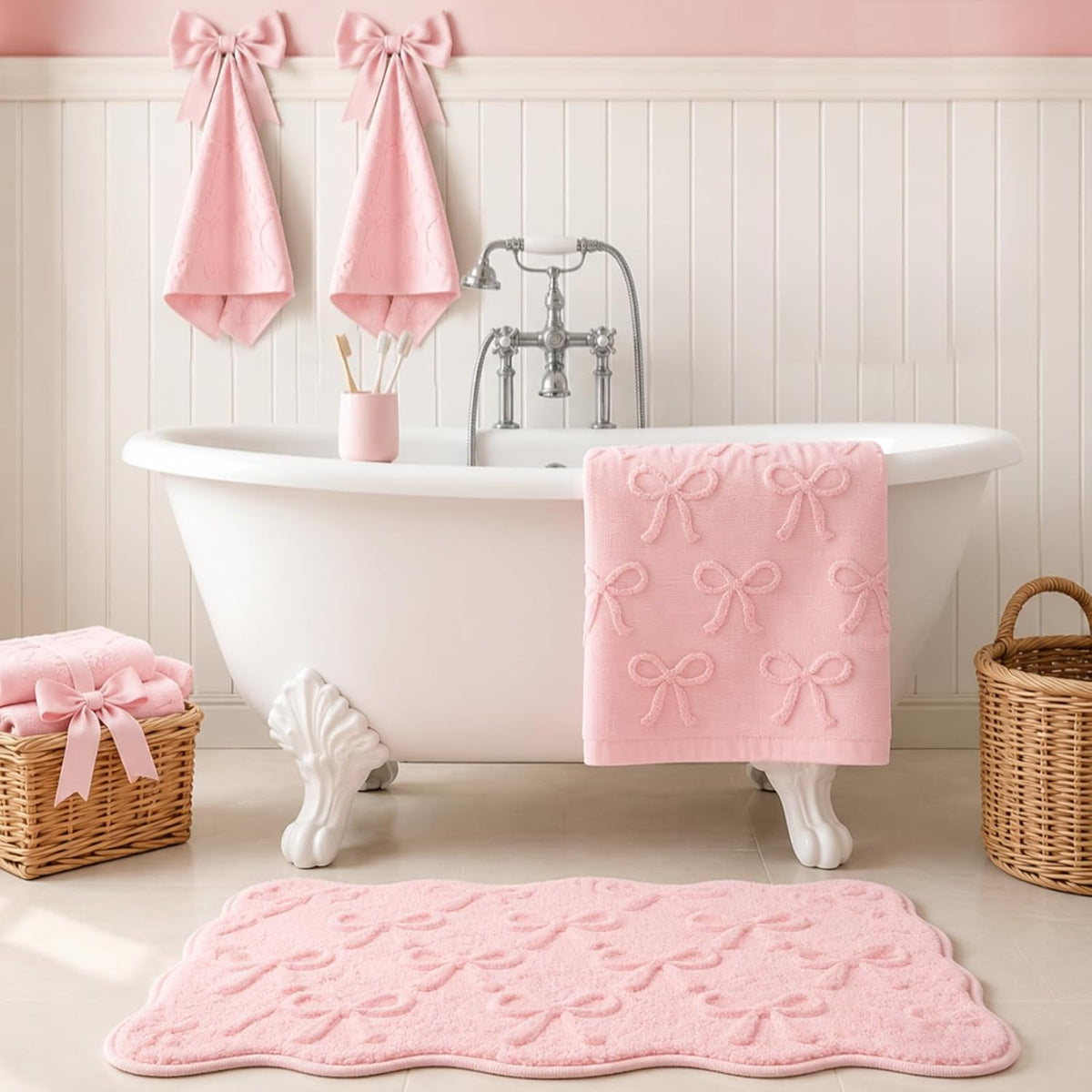 4Pcs 3D Pink Bow Bathroom Rug Set Soft Absorbent Jacquard Bath Towel Hand Towels Non-Slip Bath Mat for Coquette Home Hotel Shower Accessories Decor