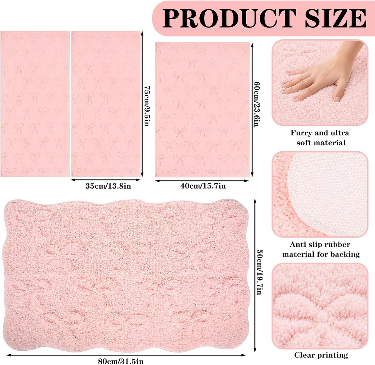 4Pcs 3D Pink Bow Bathroom Rug Set Soft Absorbent Jacquard Bath Towel Hand Towels Non-Slip Bath Mat for Coquette Home Hotel Shower Accessories Decor