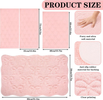 4Pcs 3D Pink Bow Bathroom Rug Set Soft Absorbent Jacquard Bath Towel Hand Towels Non-Slip Bath Mat for Coquette Home Hotel Shower Accessories Decor