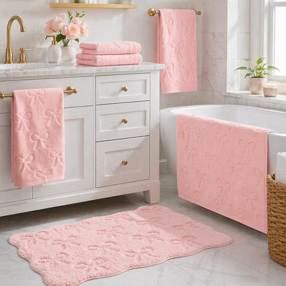 4Pcs 3D Pink Bow Bathroom Rug Set Soft Absorbent Jacquard Bath Towel Hand Towels Non-Slip Bath Mat for Coquette Home Hotel Shower Accessories Decor