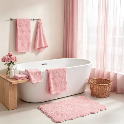 4Pcs 3D Pink Bow Bathroom Rug Set Soft Absorbent Jacquard Bath Towel Hand Towels Non-Slip Bath Mat for Coquette Home Hotel Shower Accessories Decor