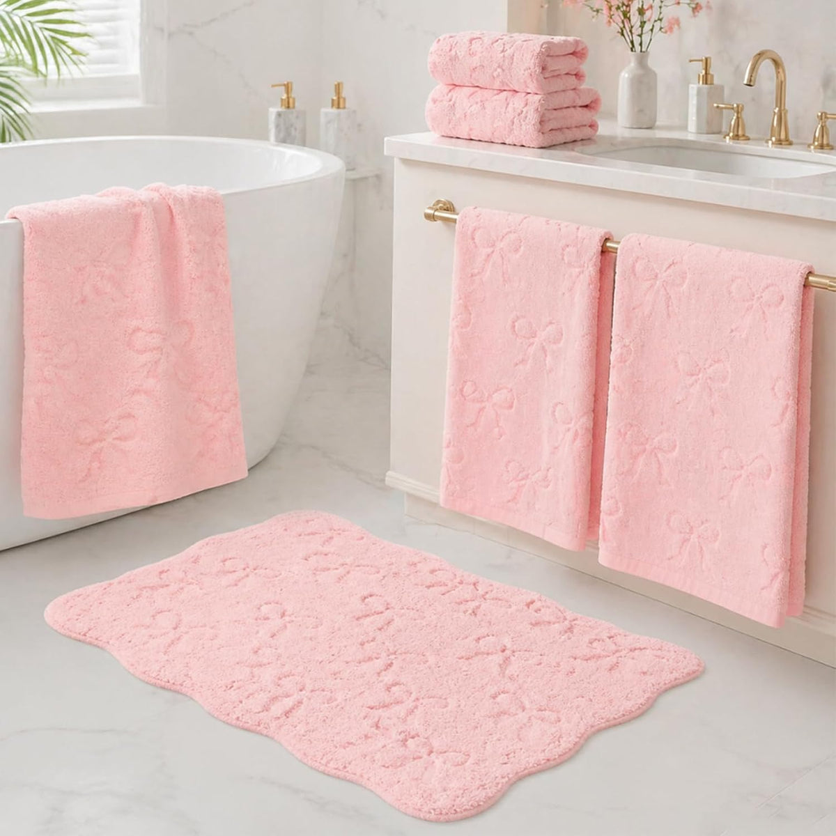 4Pcs 3D Pink Bow Bathroom Rug Set Soft Absorbent Jacquard Bath Towel Hand Towels Non-Slip Bath Mat for Coquette Home Hotel Shower Accessories Decor