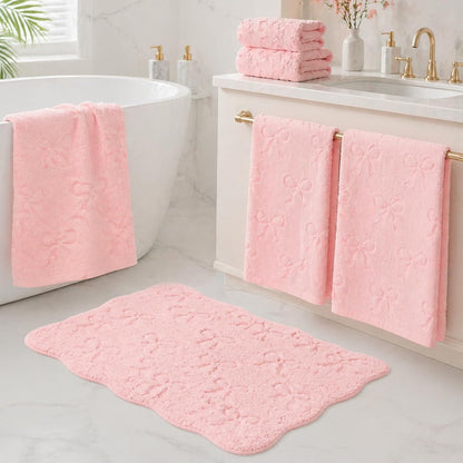 4Pcs 3D Pink Bow Bathroom Rug Set Soft Absorbent Jacquard Bath Towel Hand Towels Non-Slip Bath Mat for Coquette Home Hotel Shower Accessories Decor