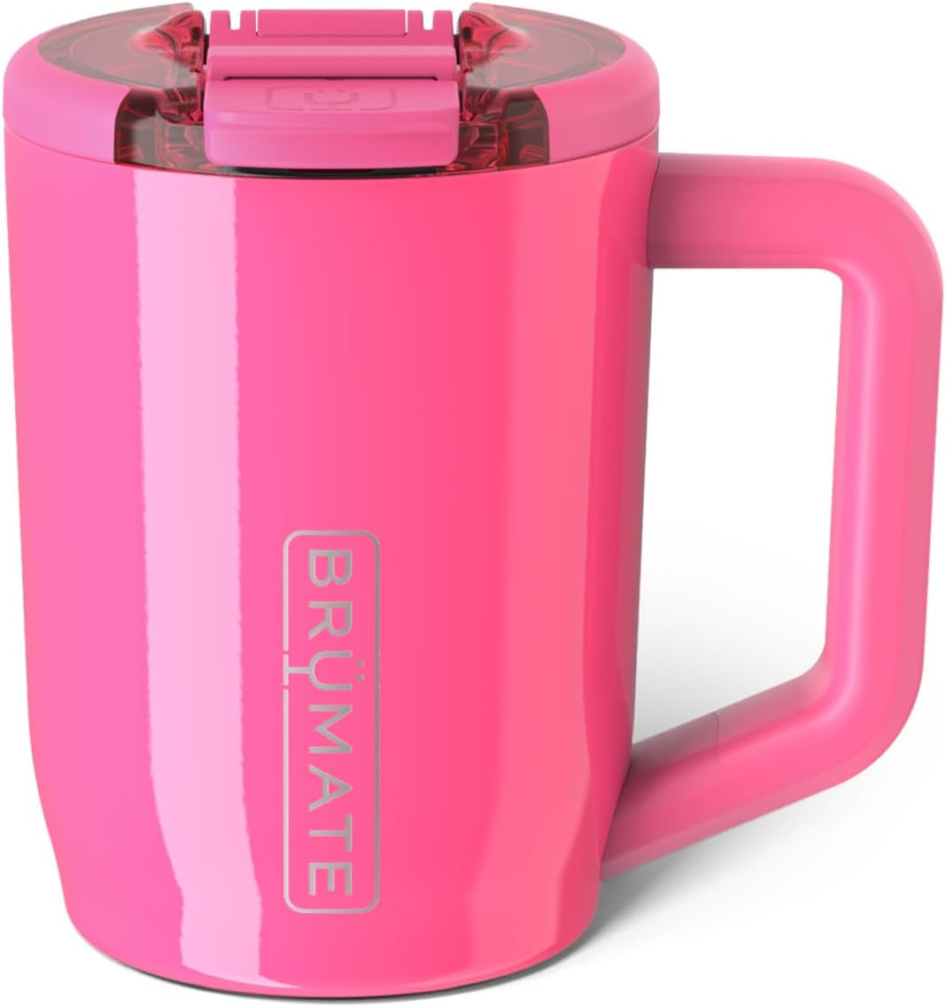 Müv - 15oz 100% Leak Proof Insulated Coffee Mug with Handle & Lid - Stainless Steel Coffee Travel Mug - Double Walled Coffee Cup (Neon Pink)