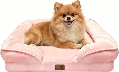 Orthopedic Dog Bed with Sides - Sofa Beds for Small Dogs, Supportive Foam Pet Couch Bed with Washable Removable Cover, Waterproof Lining and Non-Slip Bottom, Pink - S