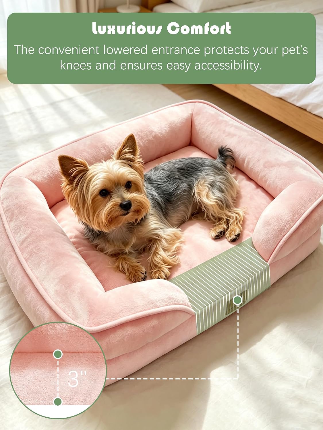 Orthopedic Dog Bed with Sides - Sofa Beds for Small Dogs, Supportive Foam Pet Couch Bed with Washable Removable Cover, Waterproof Lining and Non-Slip Bottom, Pink - S