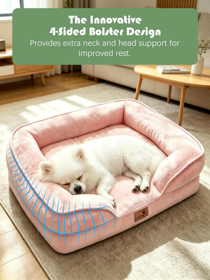 Orthopedic Dog Bed with Sides - Sofa Beds for Small Dogs, Supportive Foam Pet Couch Bed with Washable Removable Cover, Waterproof Lining and Non-Slip Bottom, Pink - S
