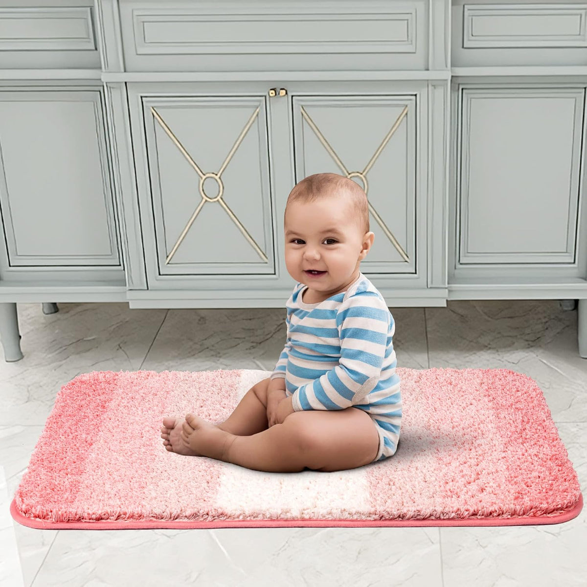 Bathroom Rug Non Slip Bath Mat (16 x 24, Ombre Pink) Water Absorbent Soft Microfiber Shaggy Mat Machine Washable Thick Plush Rug for Shower