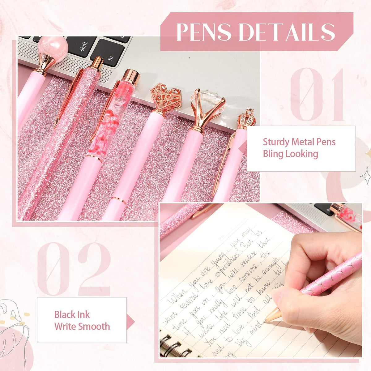 Janmini 9pcs Fancy Ballpoint Pens Glitter Journaling, Pink