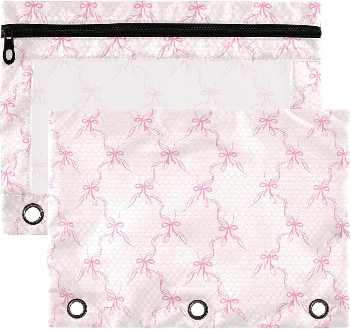 Bowknot Pink Binder Pouches 3 Ring for Boys Girls School Office College Supplies Cute Bow Ribbon Tie Pencil Pouches Case Bag with Clear Window and Zipper 2 pack