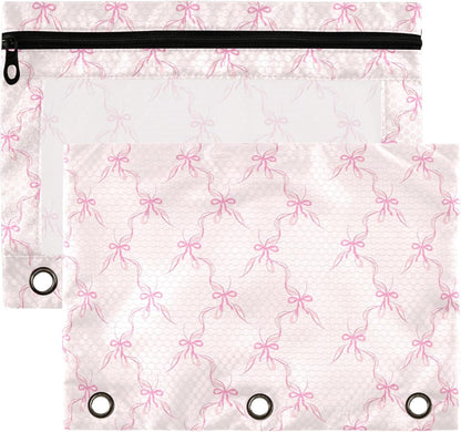 Bowknot Pink Binder Pouches 3 Ring for Boys Girls School Office College Supplies Cute Bow Ribbon Tie Pencil Pouches Case Bag with Clear Window and Zipper 2 pack
