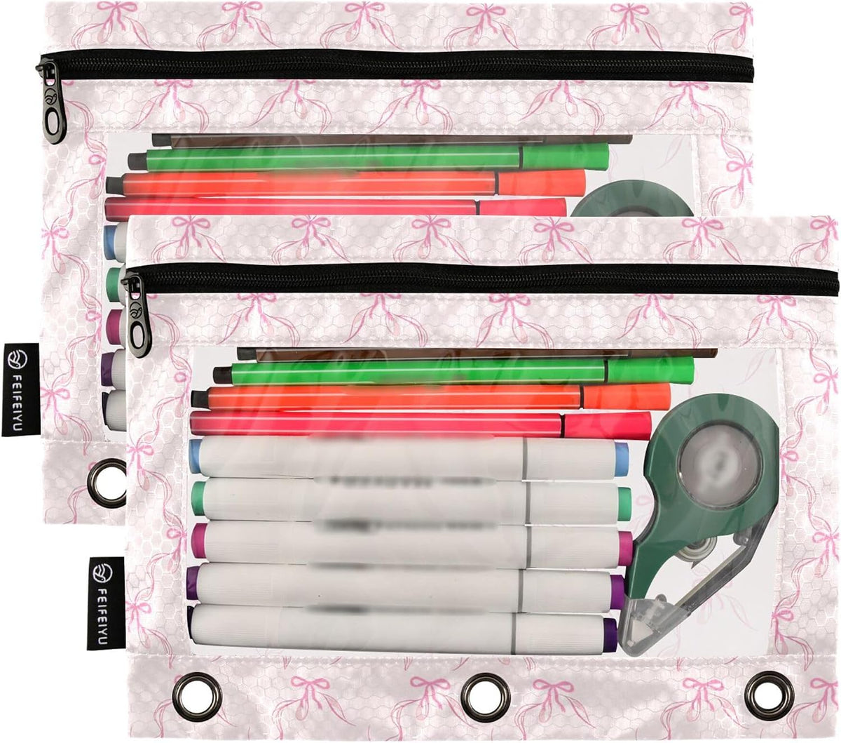 Bowknot Pink Binder Pouches 3 Ring for Boys Girls School Office College Supplies Cute Bow Ribbon Tie Pencil Pouches Case Bag with Clear Window and Zipper 2 pack
