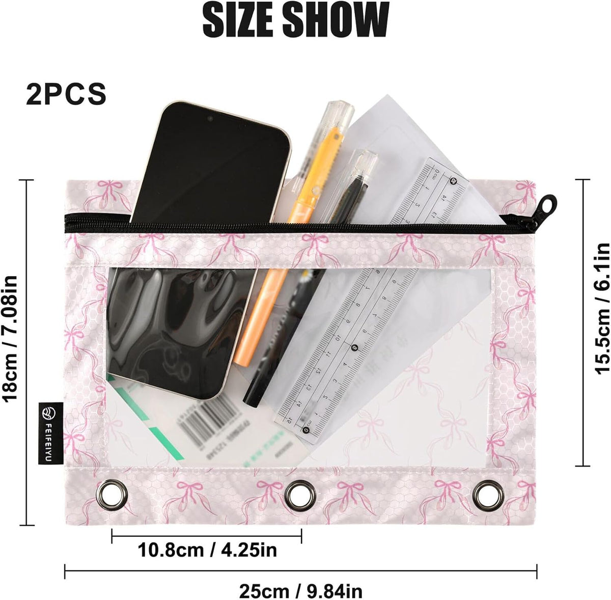 Bowknot Pink Binder Pouches 3 Ring for Boys Girls School Office College Supplies Cute Bow Ribbon Tie Pencil Pouches Case Bag with Clear Window and Zipper 2 pack