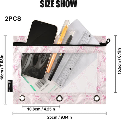 Bowknot Pink Binder Pouches 3 Ring for Boys Girls School Office College Supplies Cute Bow Ribbon Tie Pencil Pouches Case Bag with Clear Window and Zipper 2 pack