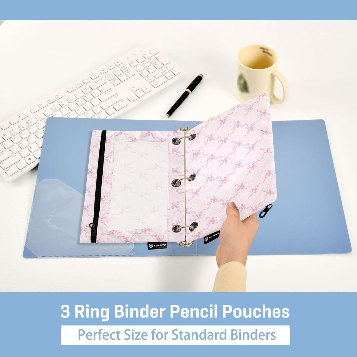 Bowknot Pink Binder Pouches 3 Ring for Boys Girls School Office College Supplies Cute Bow Ribbon Tie Pencil Pouches Case Bag with Clear Window and Zipper 2 pack
