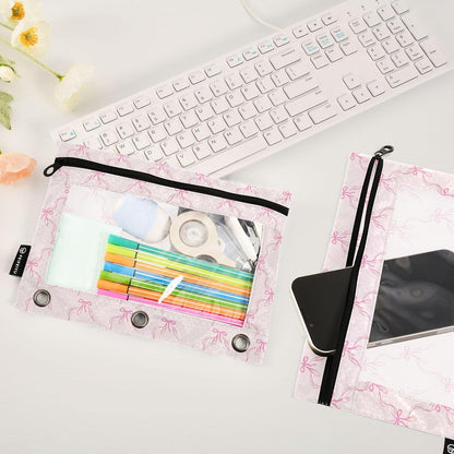 Bowknot Pink Binder Pouches 3 Ring for Boys Girls School Office College Supplies Cute Bow Ribbon Tie Pencil Pouches Case Bag with Clear Window and Zipper 2 pack
