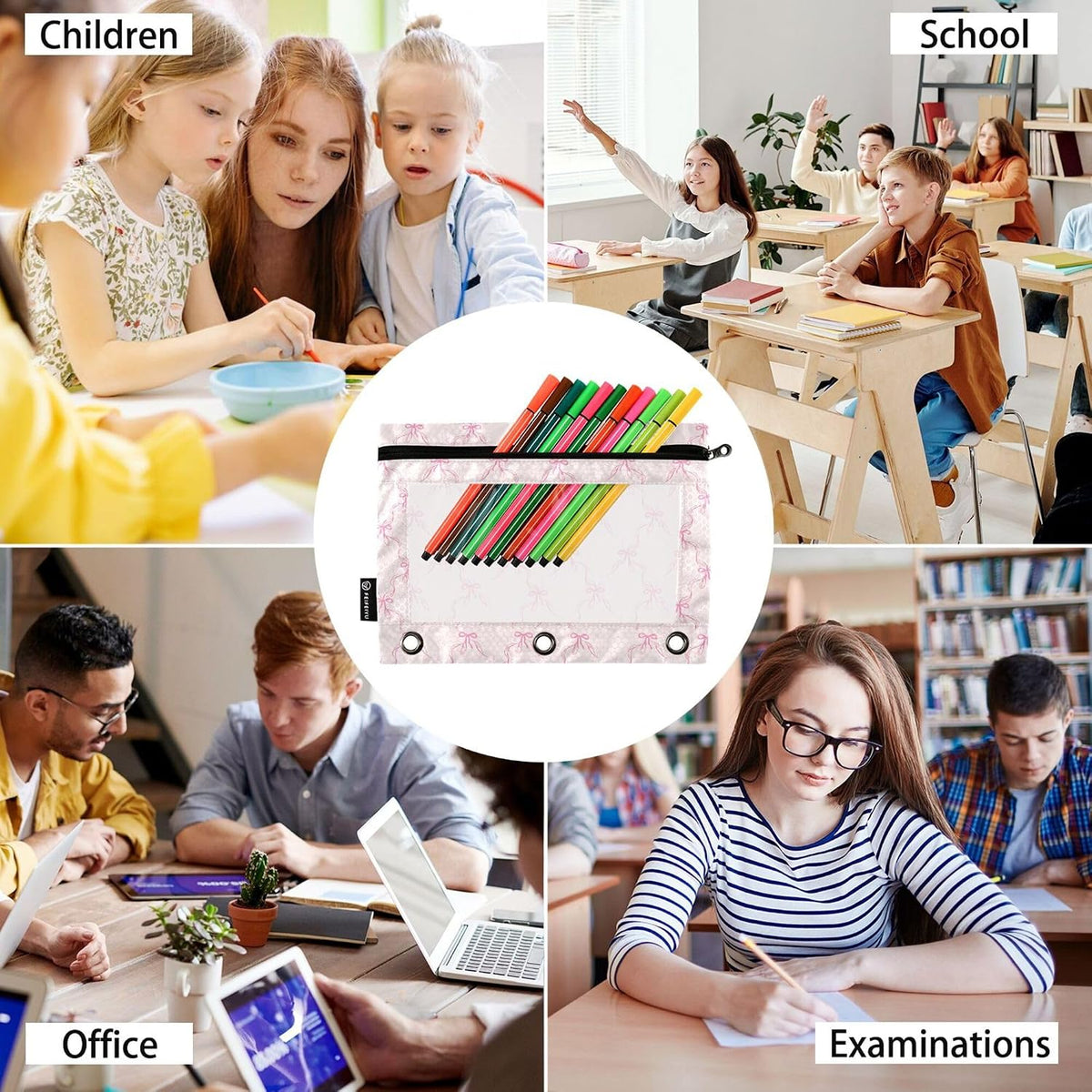 Bowknot Pink Binder Pouches 3 Ring for Boys Girls School Office College Supplies Cute Bow Ribbon Tie Pencil Pouches Case Bag with Clear Window and Zipper 2 pack
