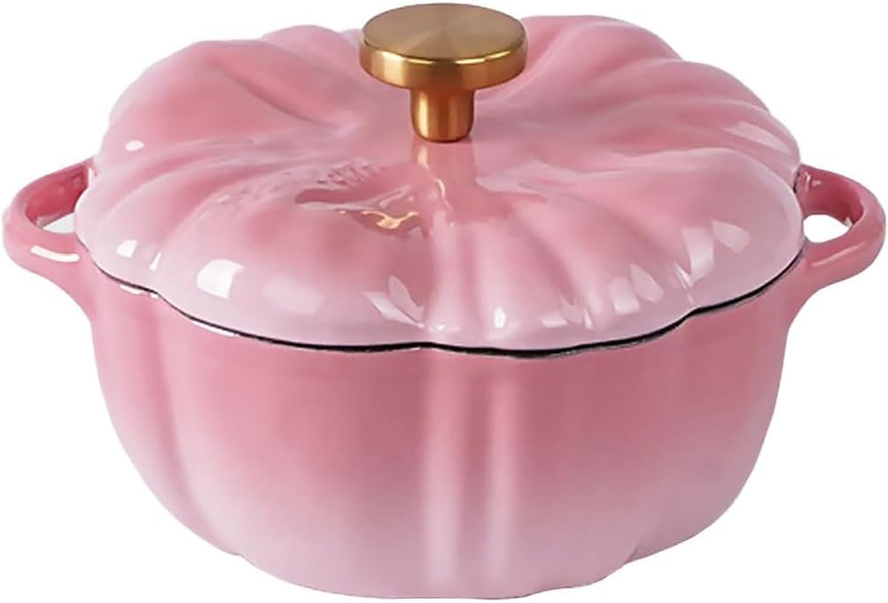 Pumpkin Shaped Dutch Oven Pot, Enameled Cast Iron Dutch Oven with Lid Non-Stick Stew Pot Crock Pots Stockpot for Soup Porridge Stew Gift, Halloween Decor Oven & Stove Safe,Pink