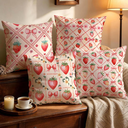 Pink Bow Strawberry Decorative Throw Pillow Covers 18 x 18 Set of 4