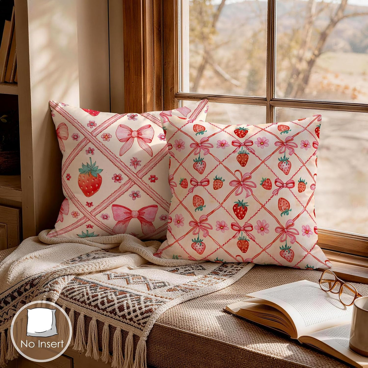 Pink Bow Strawberry Decorative Throw Pillow Covers 18 x 18 Set of 4