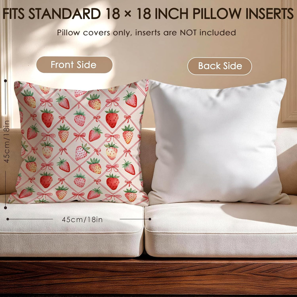 Pink Bow Strawberry Decorative Throw Pillow Covers 18 x 18 Set of 4