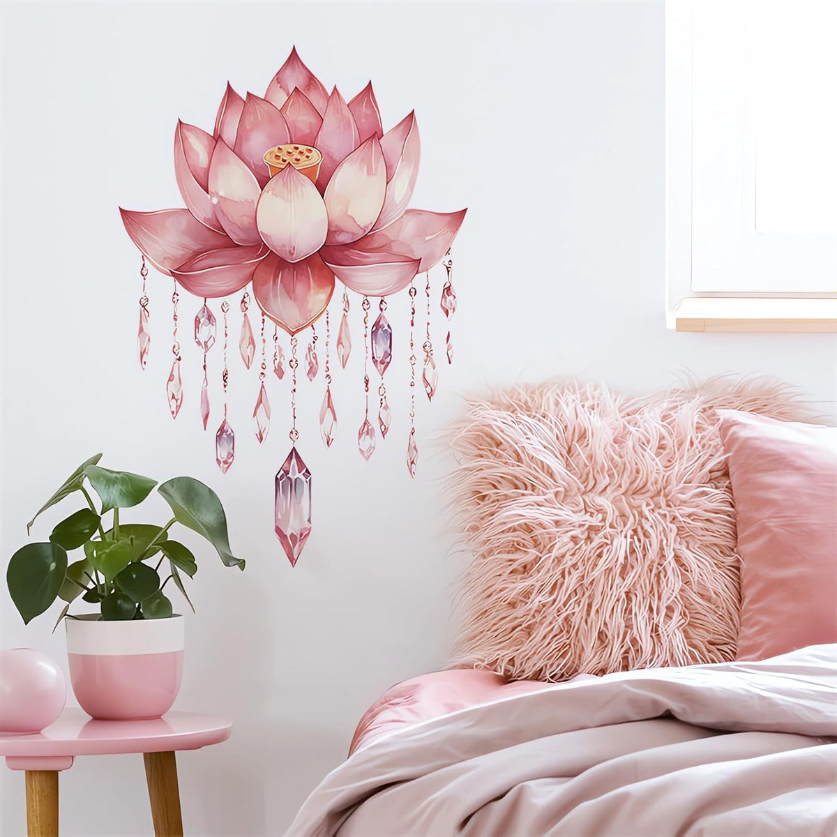 Pink Louts Crystal Pendant Wall Stickers Buddha Floral Wall Decals